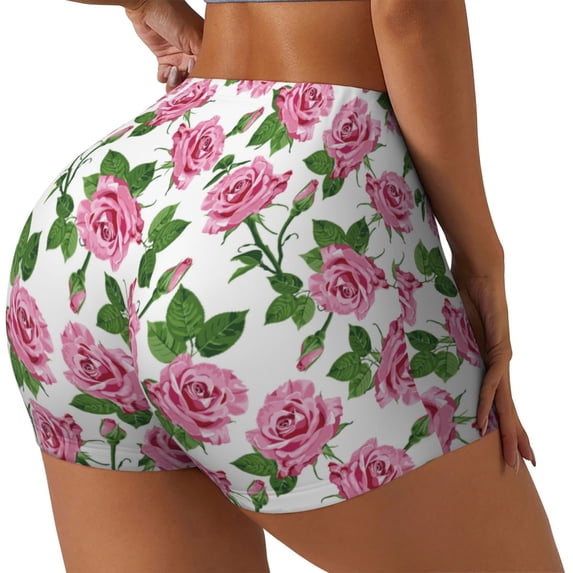 Lsque Rose Flowers Pattern High Waisted Biker Shorts for Women-Tummy Control Fitness Athletic Workout Running Yoga Gym Shorts,Moisture-Wicking-Large