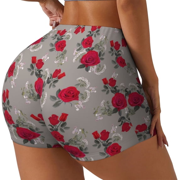 Lsque Rose Flowers Pattern High Waisted Biker Shorts for Women-Tummy Control Fitness Athletic Workout Running Yoga Gym Shorts,Moisture-Wicking-Large