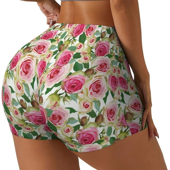Lsque Rose Flowers Pattern High Waisted Biker Shorts for Women-Tummy Control Fitness Athletic Workout Running Yoga Gym Shorts,Moisture-Wicking-Medium