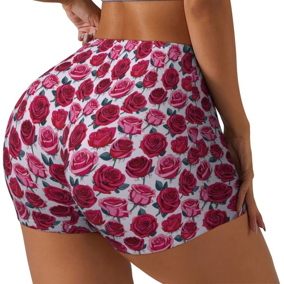 Lsque Rose Flowers Pattern High Waisted Biker Shorts for Women-Tummy Control Fitness Athletic Workout Running Yoga Gym Shorts,Moisture-Wicking-Medium