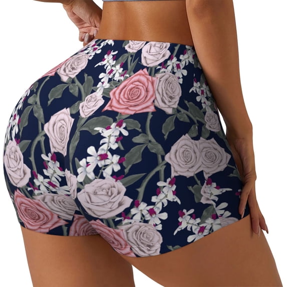 Lsque Rose Flowers Pattern High Waisted Biker Shorts for Women-Tummy Control Fitness Athletic Workout Running Yoga Gym Shorts,Moisture-Wicking-Small
