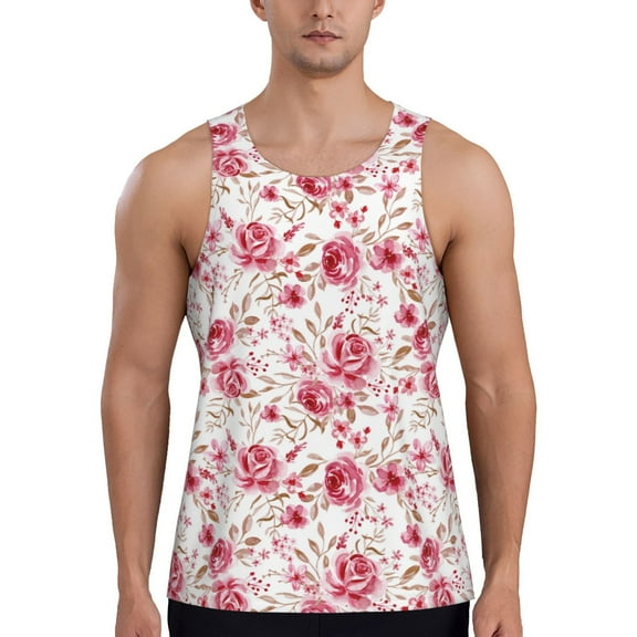 Lsque Rose Flowers Pattern Mens Tank Tops Muscle Athletic Quick Dry Sleeveless Workout Fitness T Shirts Beach Tank Top, Loose-fit Sleeveless Shirt for Men-X-Large