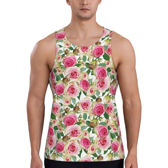 Lsque Rose Flowers Pattern Mens Tank Tops Muscle Athletic Quick Dry Sleeveless Workout Fitness T Shirts Beach Tank Top, Loose-fit Sleeveless Shirt for Men-X-Large