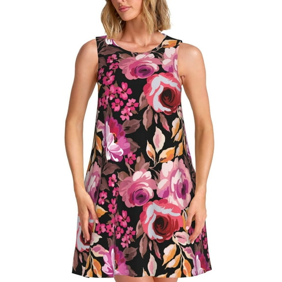 Lsque Rose Flowers Pattern Summer Dresses for Women – Sleeveless T-Shirt Swing Sundress, Perfect for the Beach and Casual Days