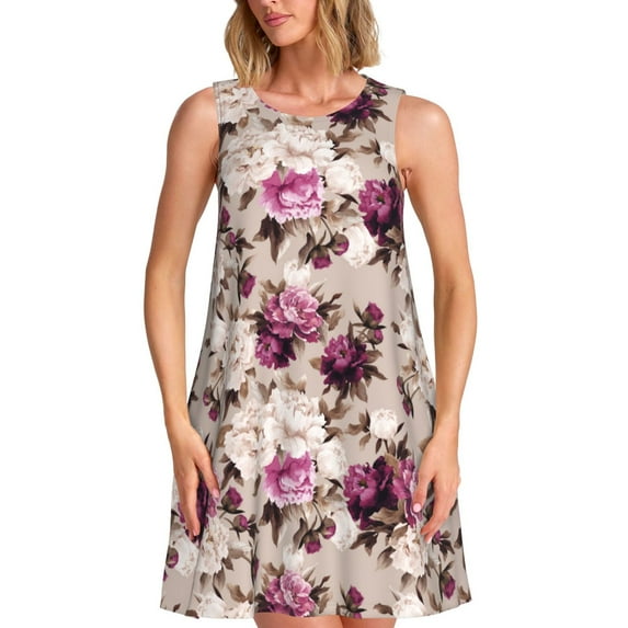 Lsque Rose Flowers Pattern Summer Dresses for Women – Sleeveless T-Shirt Swing Sundress, Perfect for the Beach and Casual Days