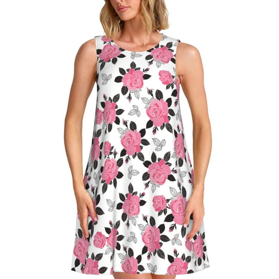 Lsque Rose Flowers Pattern Summer Dresses for Women – Sleeveless T-Shirt Swing Sundress, Perfect for the Beach and Casual Days