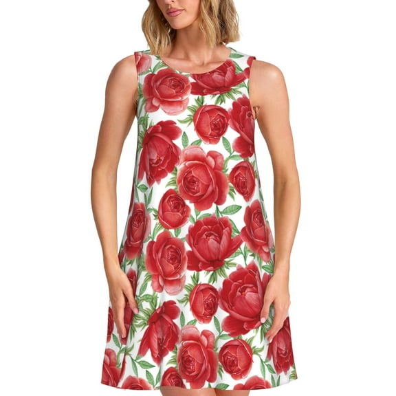 Lsque Rose Flowers Pattern Summer Dresses for Women – Sleeveless T-Shirt Swing Sundress, Perfect for the Beach and Casual Days