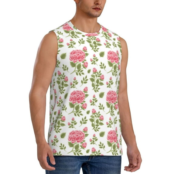 Lsque Rose Flowers Print Men's Cotton Blend Sleeveless Muscle Shirts (S-3XL)- Moisture Wicking, Odor Protection, UPF 30+,3X-Large