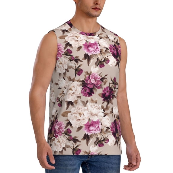 Lsque Rose Flowers Print Men's Cotton Blend Sleeveless Muscle Shirts (S-3XL)- Moisture Wicking, Odor Protection, UPF 30+,Large
