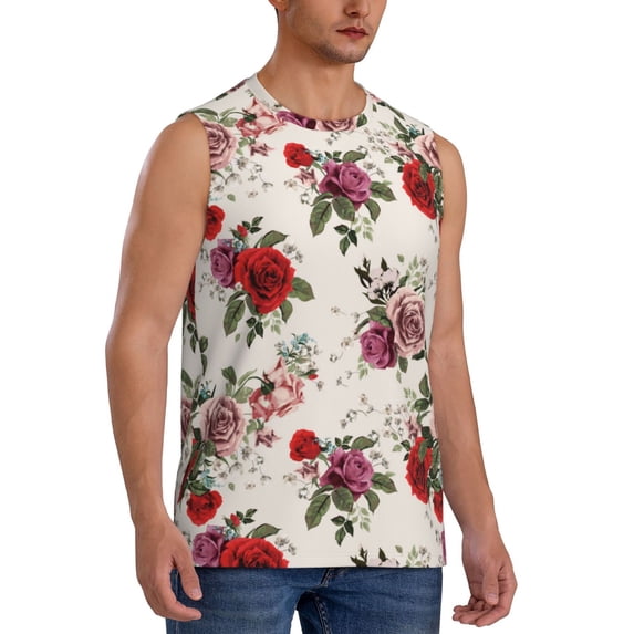 Lsque Rose Flowers Print Men's Cotton Blend Sleeveless Muscle Shirts (S-3XL)- Moisture Wicking, Odor Protection, UPF 30+,Medium