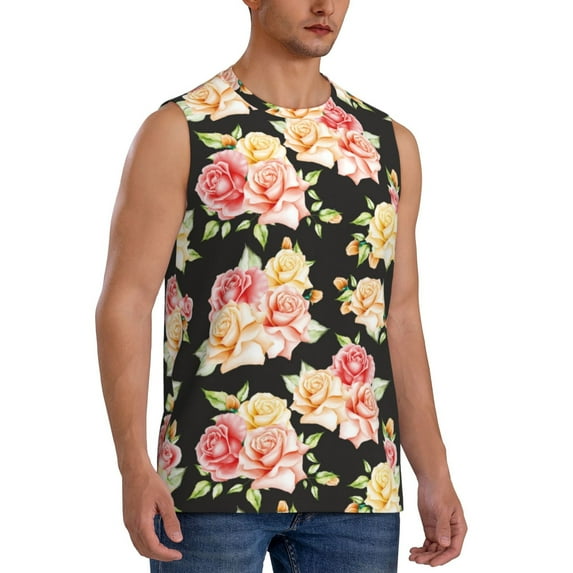 Lsque Rose Flowers Print Men's Cotton Blend Sleeveless Muscle Shirts (S-3XL)- Moisture Wicking, Odor Protection, UPF 30+,Medium