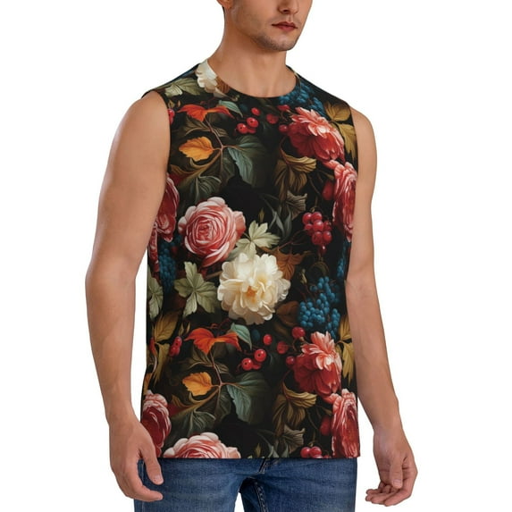 Lsque Rose Flowers Print Men's Cotton Blend Sleeveless Muscle Shirts (S-3XL)- Moisture Wicking, Odor Protection, UPF 30+,