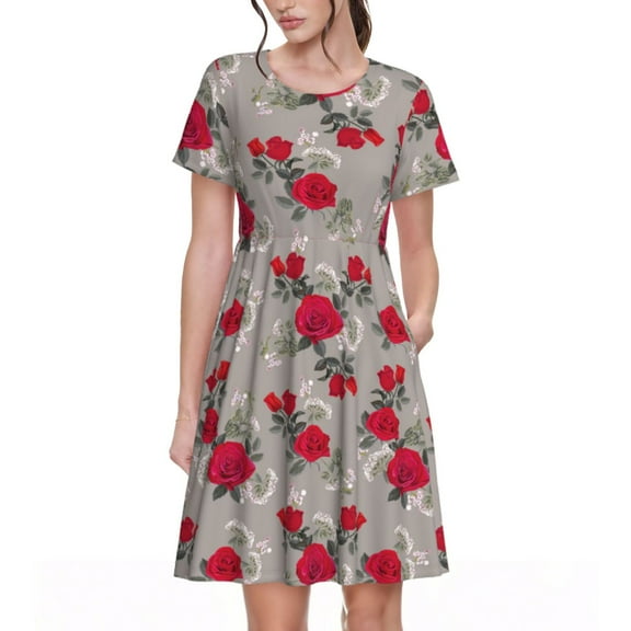 Lsque Rose Flowers Print Women's Casual Dress T-Shirt Summer Short Sleeve Scoop Neck Swing Dresses