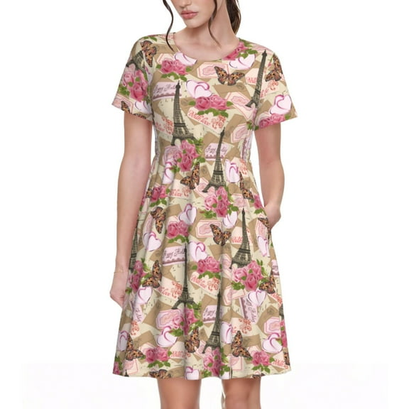 Lsque Rose Flowers Print Women's Casual Dress T-Shirt Summer Short Sleeve Scoop Neck Swing Dresses