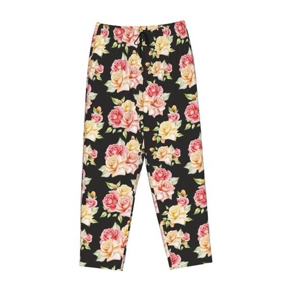 Lsque Rose Flowers Print Women's Pajama Pants, Lounge Pant - Comfortable Home Wear,Elastic Waistband, Stylish Design-Large