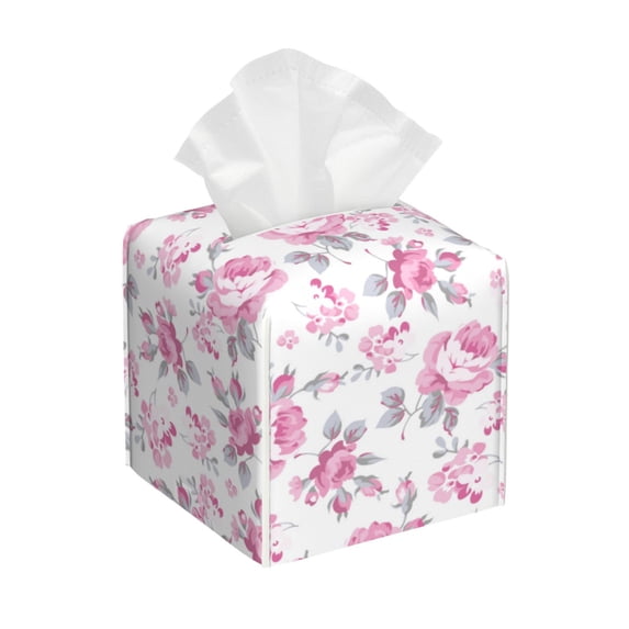 Lsque Rose Flowers Printed Tissue Box Cover Holder, Facial Paper Organizer Dispenser,Square with Bottom Belt, PVC Leather Decorative Organizer