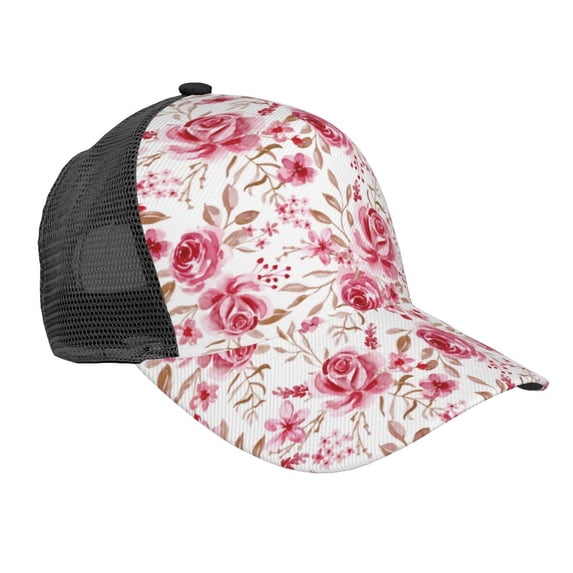 Lsque Rose Flowers Printed Trucker Hat - Baseball Cap for Men Women - Breathable Mesh Side, Adjustable Fit - for Casual Wear
