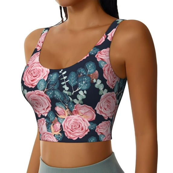 Lsque Rose Flowers Printed Women'S Sports Bra, Compression, Moisture Wicking, High-Impact Sports Bra For Women,Supportive sports bra-Medium
