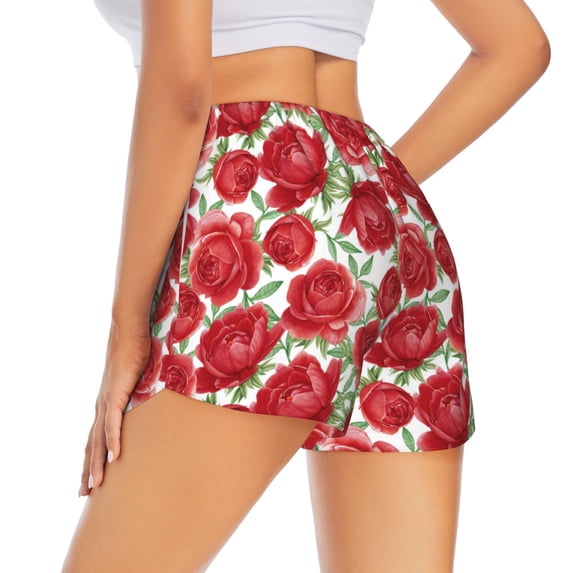 Lsque Rose Flowers Printed Women's Running Shorts with Liner Pockets,Elastic Quick Dry Workout Athletic Gym Yoga Shorts,Womens High Waist Shorts-X-Large