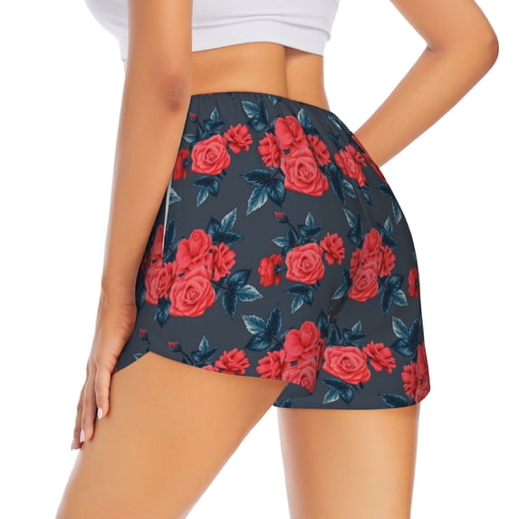 Lsque Rose Flowers Printed Women's Running Shorts with Liner Pockets,Elastic Quick Dry Workout Athletic Gym Yoga Shorts,Womens High Waist Shorts-X-Large