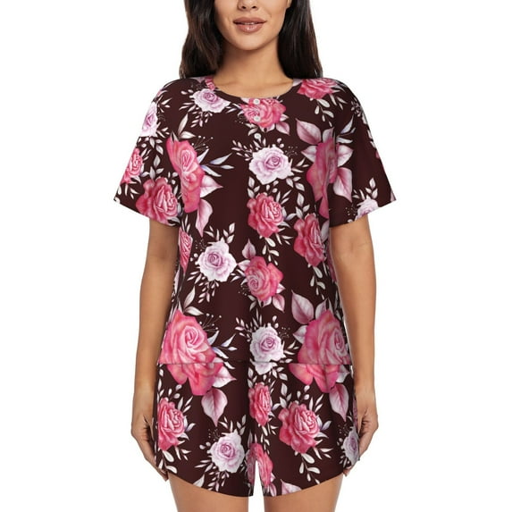 Lsque Rose Flowers Women's Short-Sleeved Pajama Set - 2 Piece Soft and Lightweight Sleepwear Set-Medium