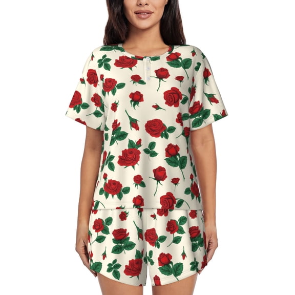 Lsque Rose Flowers Women's Short-Sleeved Pajama Set - 2 Piece Soft and Lightweight Sleepwear Set-Small