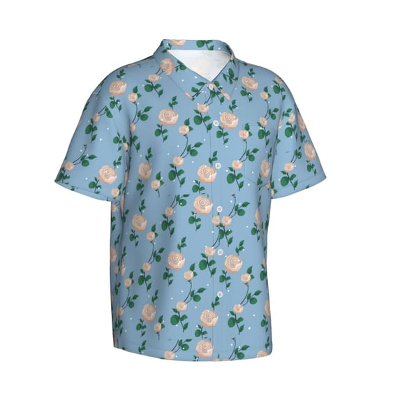 Lsque Rose Flowers pattern Hawaiian Shirt for Men, Unisex Summer Beach Casual Short Sleeve Button Down Shirts-Large