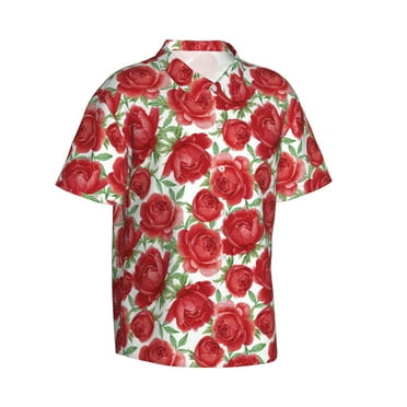 Lsque Rose Flowers pattern Hawaiian Shirt for Men, Unisex Summer Beach Casual Short Sleeve Button Down Shirts-Large