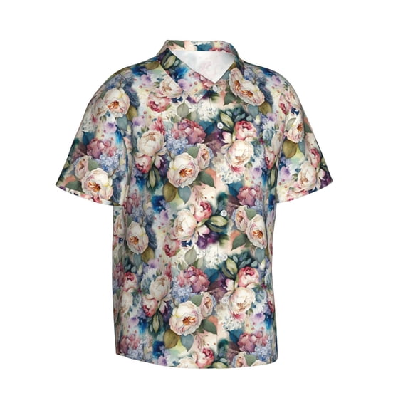 Lsque Rose Flowers pattern Hawaiian Shirt for Men, Unisex Summer Beach Casual Short Sleeve Button Down Shirts-Large