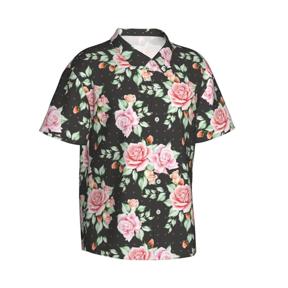 Lsque Rose Flowers pattern Hawaiian Shirt for Men, Unisex Summer Beach Casual Short Sleeve Button Down Shirts-Medium