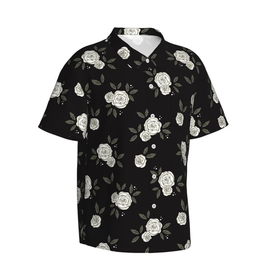 Lsque Rose Flowers pattern Hawaiian Shirt for Men, Unisex Summer Beach Casual Short Sleeve Button Down Shirts-Small