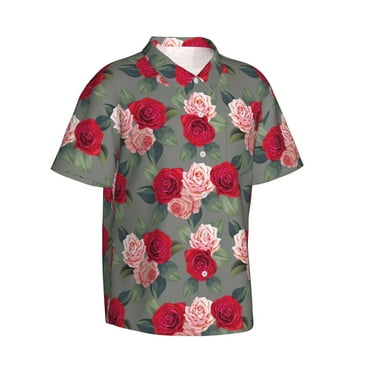 Lsque Rose Flowers pattern Hawaiian Shirt for Men, Unisex Summer Beach Casual Short Sleeve Button Down Shirts-X-Large