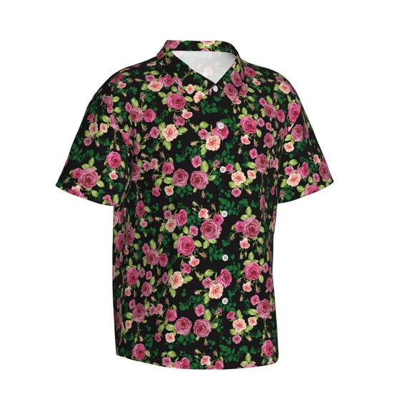 Lsque Rose Flowers pattern Hawaiian Shirt for Men, Unisex Summer Beach Casual Short Sleeve Button Down Shirts-X-Large