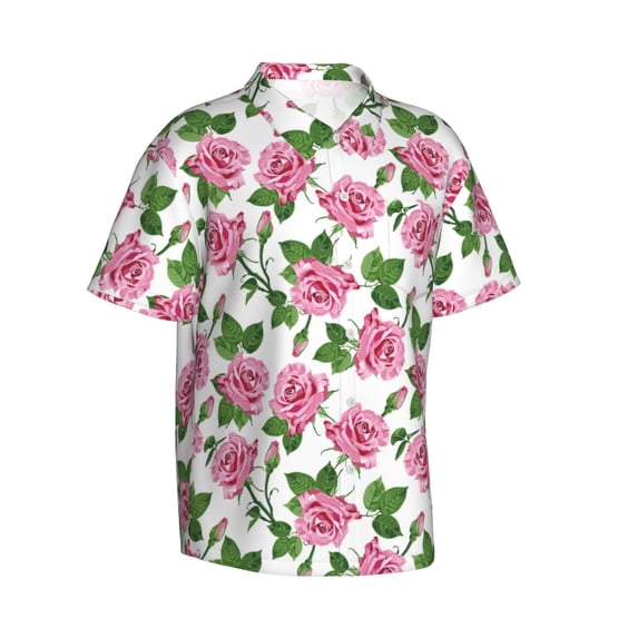 Lsque Rose Flowers pattern Hawaiian Shirt for Men, Unisex Summer Beach Casual Short Sleeve Button Down Shirts-XX-Large