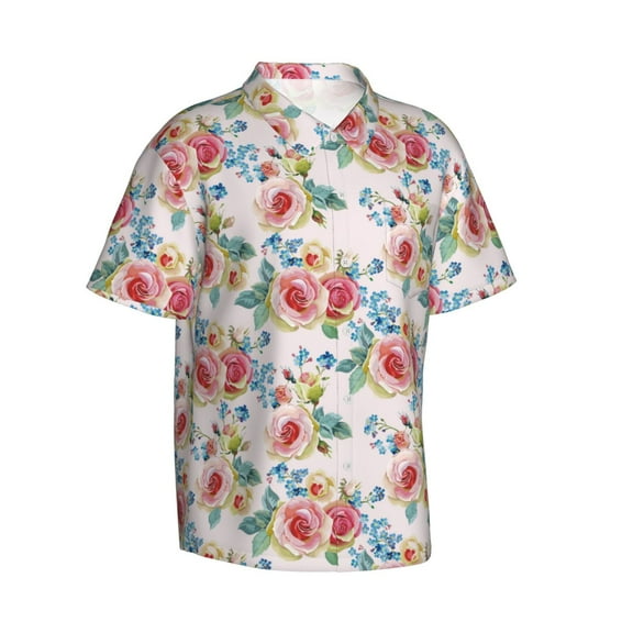 Lsque Rose Flowers pattern Hawaiian Shirt for Men, Unisex Summer Beach Casual Short Sleeve Button Down Shirts-XX-Large