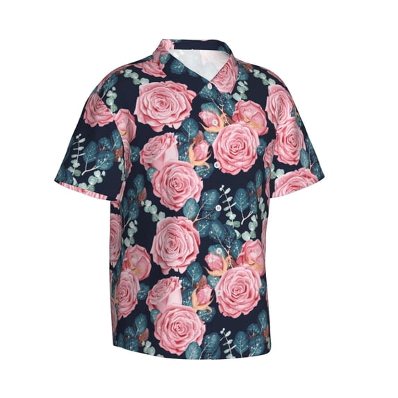 Lsque Rose Flowers pattern Hawaiian Shirt for Men, Unisex Summer Beach Casual Short Sleeve Button Down Shirts-XX-Large