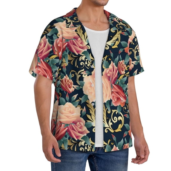 Lsque Rose Flowers print Men's Cuban Collar Short Sleeve Shirt Summer Beachwear Casual Button Down Fashionable Vacation Leisure Shirt-3X-Large