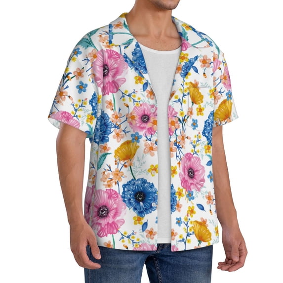Lsque Rose Flowers print Men's Cuban Collar Short Sleeve Shirt Summer Beachwear Casual Button Down Fashionable Vacation Leisure Shirt-Small