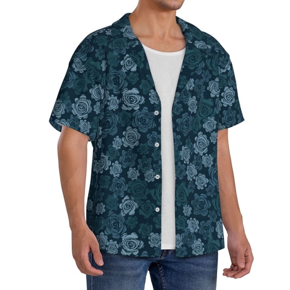 Lsque Rose Flowers print Men's Cuban Collar Short Sleeve Shirt Summer Beachwear Casual Button Down Fashionable Vacation Leisure Shirt-XX-Large