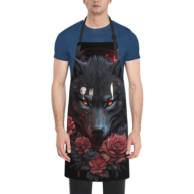 Lsque Rose Full Moon Black Wolf Waterproof Apron Chef Aprons for Men