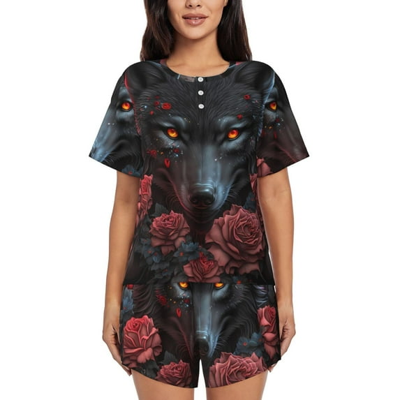 Lsque Rose Full Moon Black Wolf Women's Short-Sleeved Pajama Set - 2 Piece Soft and Lightweight Sleepwear Set-3X-Large