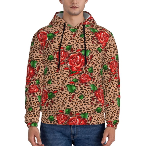 Lsque Rose Mix Leopard 1 Pattern Casual Men's Hoodie,Hooded Sweatshirt with Kangaroo Pocket,Pullover Hoodie-Medium