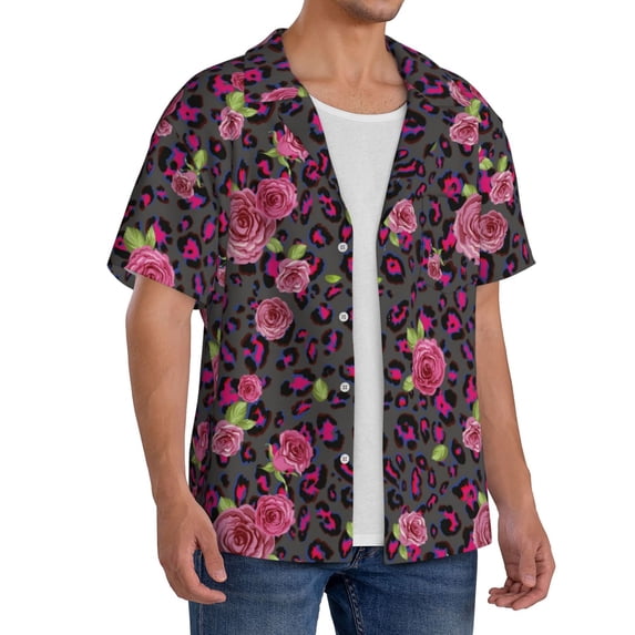 Lsque Rose Mix Leopard 2 print Men's Cuban Collar Short Sleeve Shirt Summer Beachwear Casual Button Down Fashionable Vacation Leisure Shirt-Small