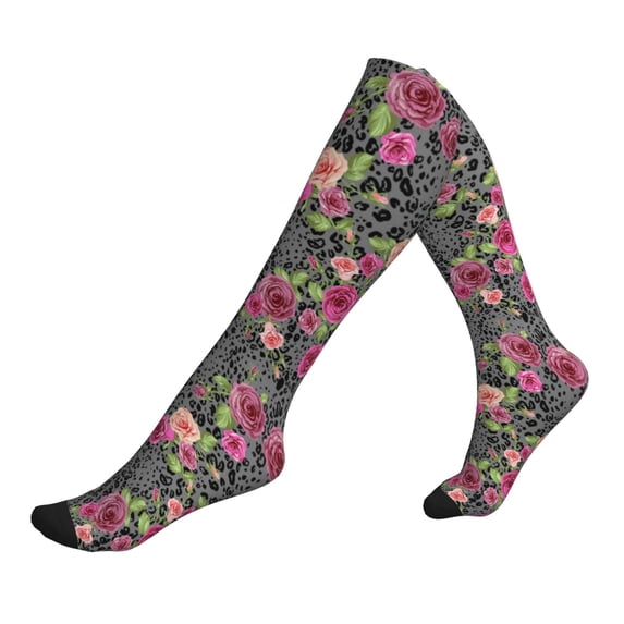 Lsque Rose Mix Leopard Pattern Sport Compression Socks for Men & Women 15-20 mmHg Knee High Nurse Pregnant Running Medical and Travel Athletic