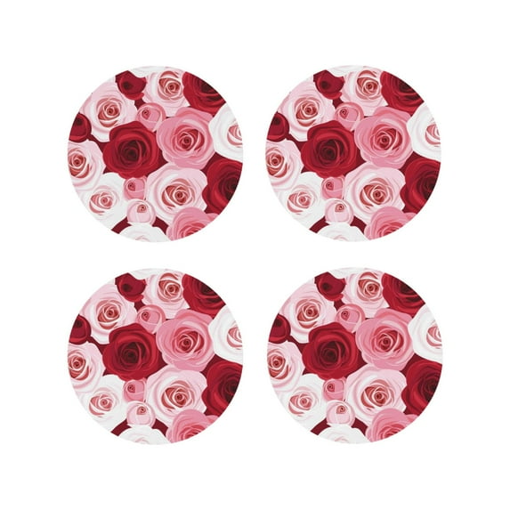 Lsque Rose Pattern 4" Drink Coasters Set of 4, PVC Leather Absorbent Coasters, Table Coaster Set Decorative Coffee Cup Coasters Housewarming Gift -Round Shape