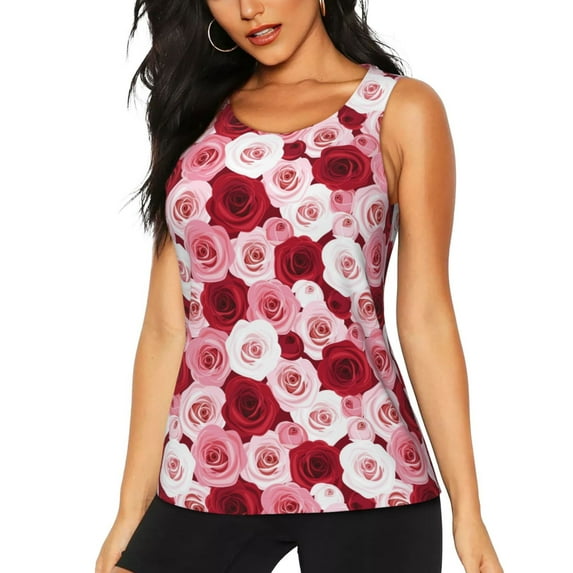 Lsque Rose Printed Workout Tank Tops for Women, Athletic Sports Tank Tops, Compression Sleeveless Dry Fit Shirts,Sleeveless Yoga Shirt-Large