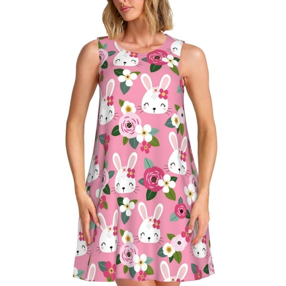 Lsque Rose Rabbit Pattern Summer Dresses for Women – Sleeveless T-Shirt Swing Sundress, Perfect for the Beach and Casual Days