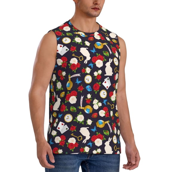 Lsque Rose Rabbit Print Men's Cotton Blend Sleeveless Muscle Shirts (S-3XL)- Moisture Wicking, Odor Protection, UPF 30 ,Medium