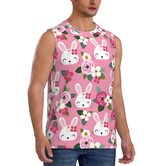 Lsque Rose Rabbit Print Men's Cotton Blend Sleeveless Muscle Shirts (S-3XL)- Moisture Wicking, Odor Protection, UPF 30+,XX-Large