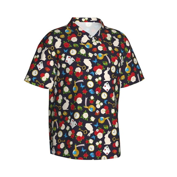 Lsque Rose Rabbit pattern Hawaiian Shirt for Men, Unisex Summer Beach Casual Short Sleeve Button Down Shirts-X-Large